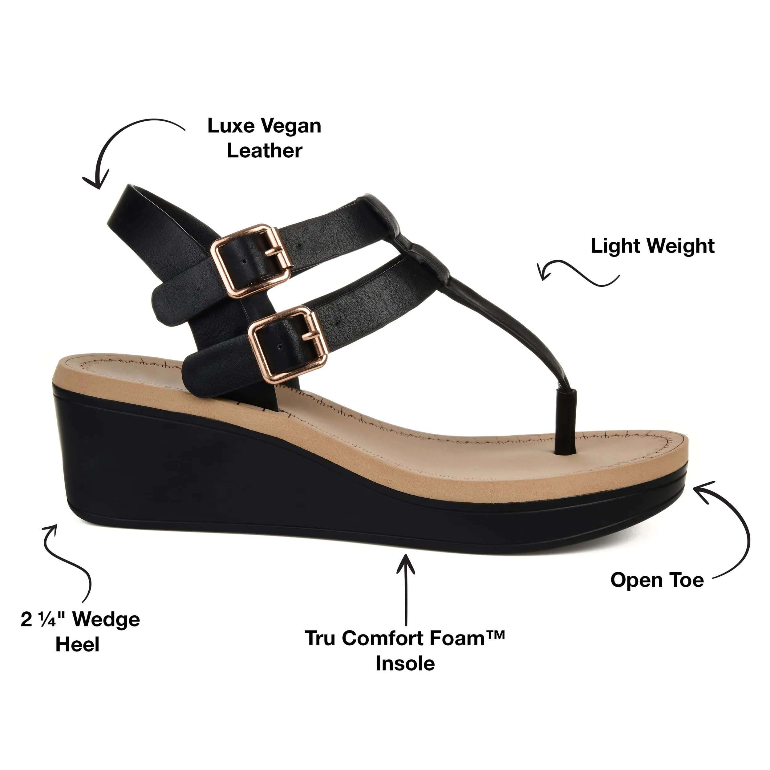 Brinley Co. Womens T-Strap Wedge Sandal Black, 6.5 Regular US