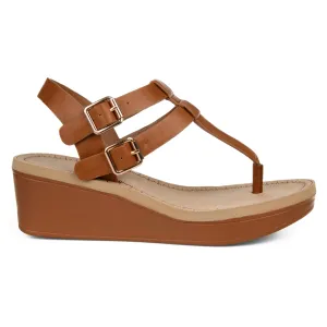 Brinley Co. Womens T-Strap Wedge Sandal Tan, 9 Regular US