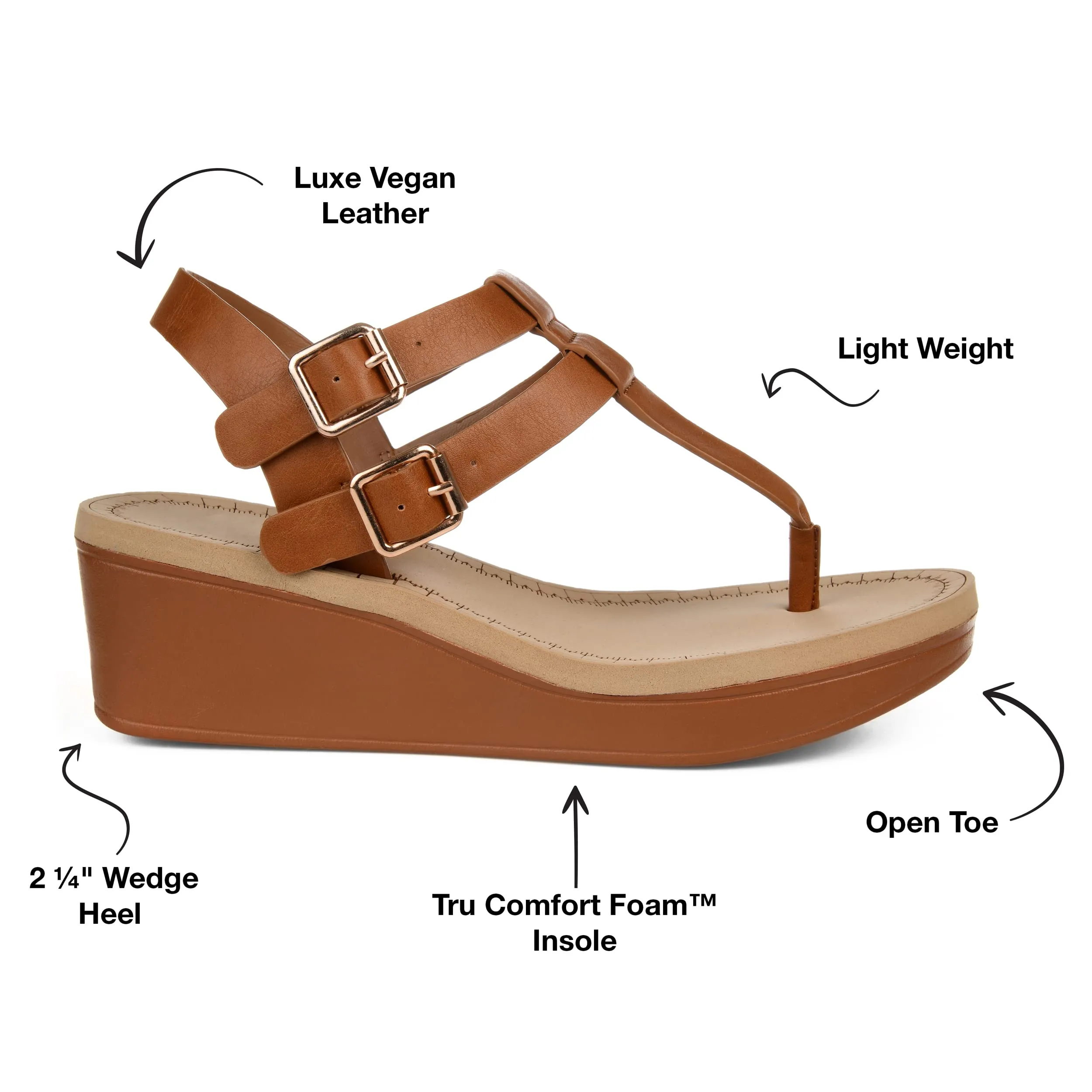 Brinley Co. Womens T-Strap Wedge Sandal Tan, 9 Regular US