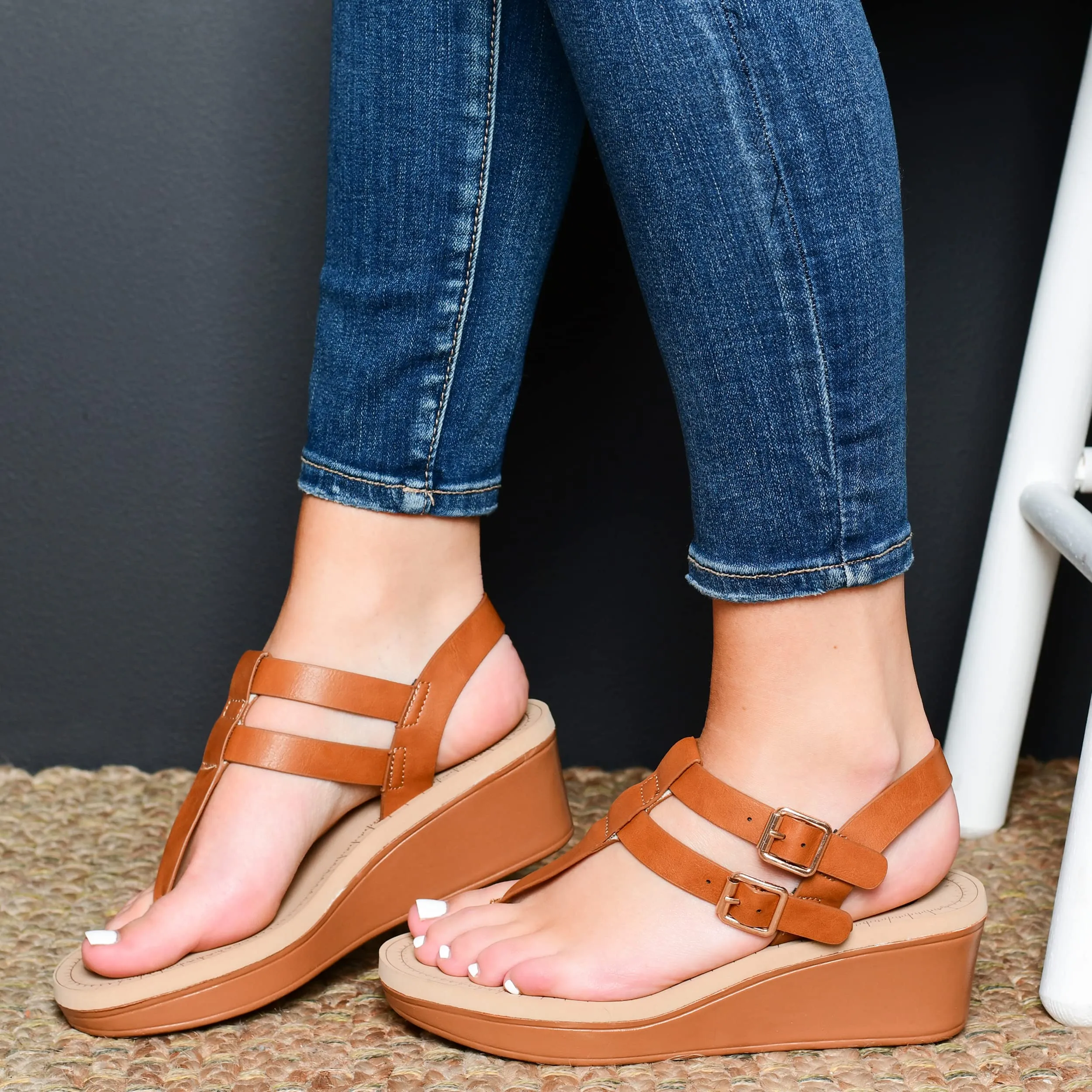 Brinley Co. Womens T-Strap Wedge Sandal Tan, 9 Regular US