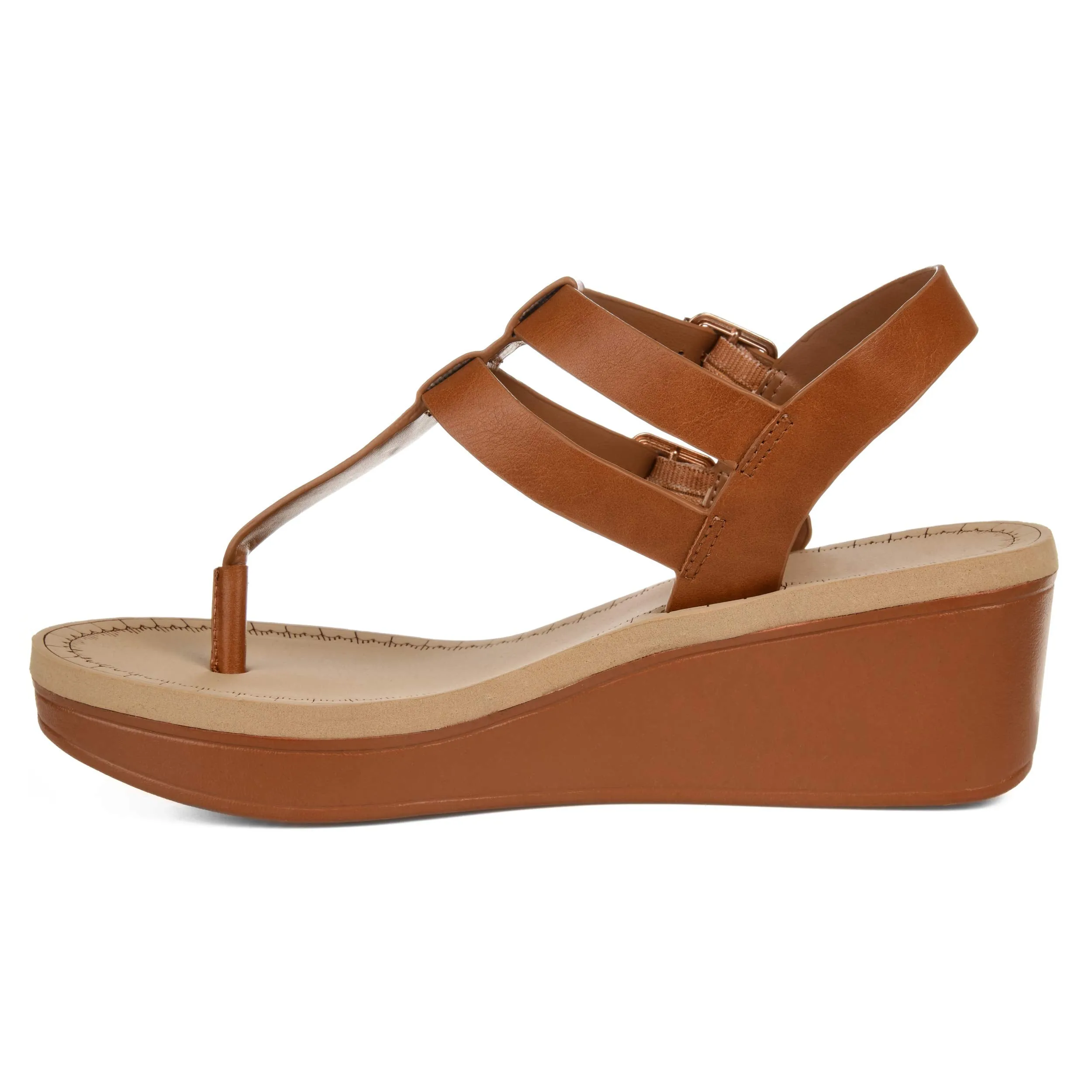 Brinley Co. Womens T-Strap Wedge Sandal Tan, 9 Regular US