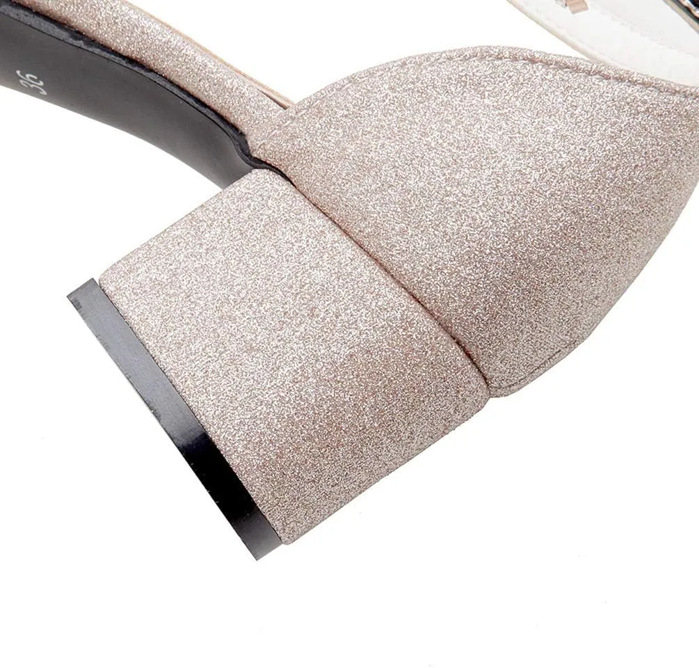 Caradise Womens Sequin Glitter Block Heel Ankle Strap Sandal Open Toe Pumps