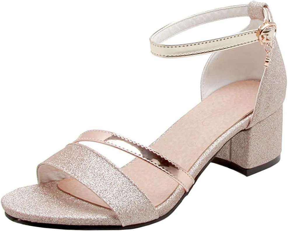 Caradise Womens Sequin Glitter Block Heel Ankle Strap Sandal Open Toe Pumps