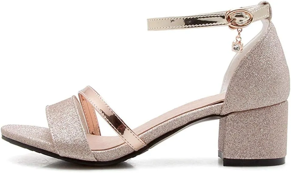 Caradise Womens Sequin Glitter Block Heel Ankle Strap Sandal Open Toe Pumps