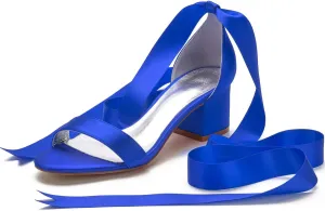 Charmstep Women Block Heeled Wedding Sandals Pumps Satin Ribbon Tie Up Open Toe Bridal Bridesmaid Shoes 702-3