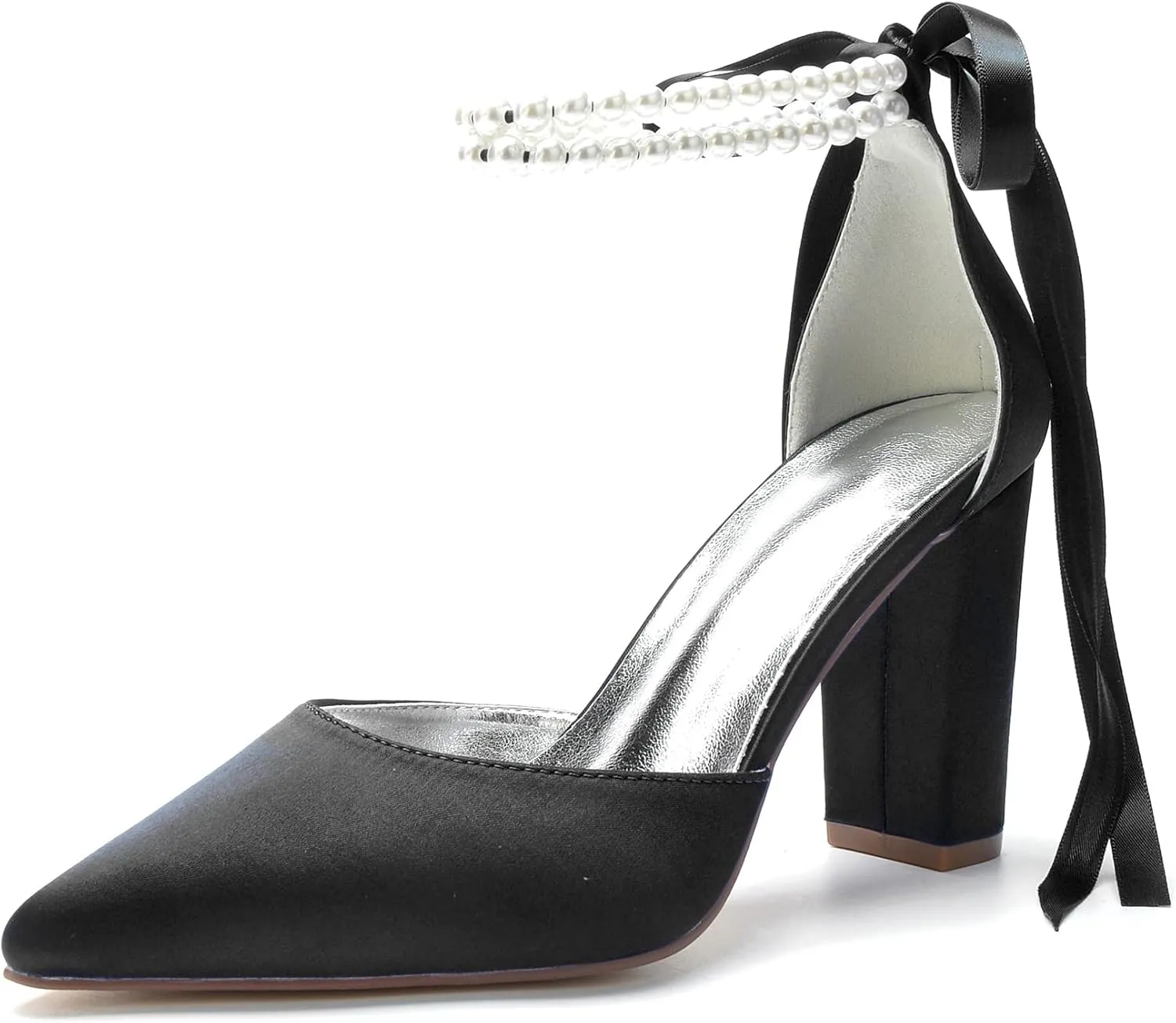 Closed Toe Pearl High Heels Satin Wedding Shoes for Bride Block Heels Bridal Shoes Prom Evening Party Dress Shoes Pumps