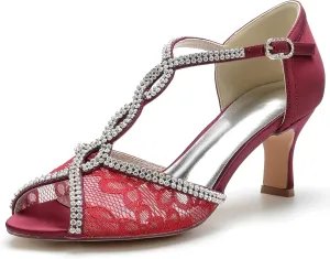 COMFASH 6.5Cm Bridal Wedding Shoes Women's Silk Like Satin Stiletto Heel Peep Toe Girl's Glitter Strappy Ankle T Strap Kitten Heel Sandal