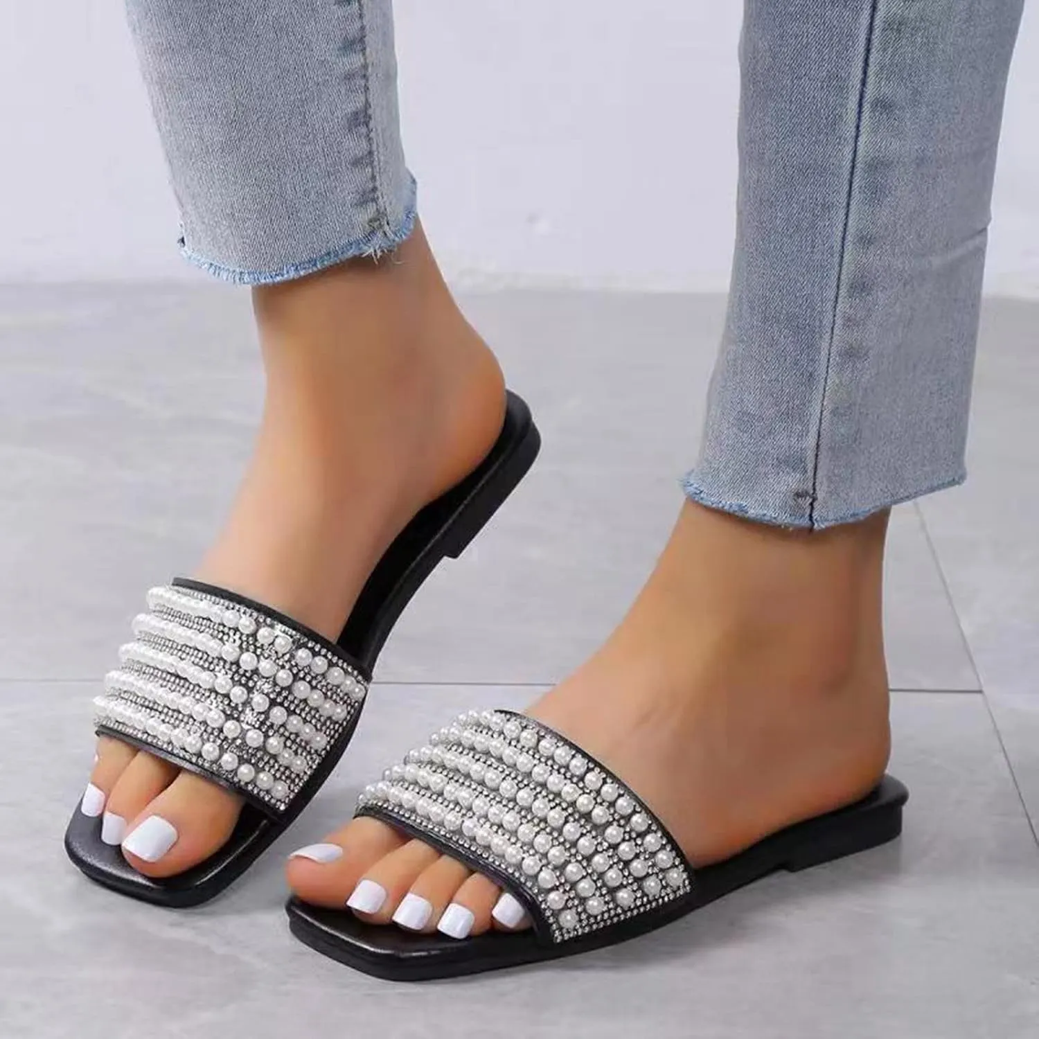 Comfortable Slip On Slide Sandals Fashion Spring Summer Women Slippers Flat Bottom Lightweight Pearl Solid Open Toe