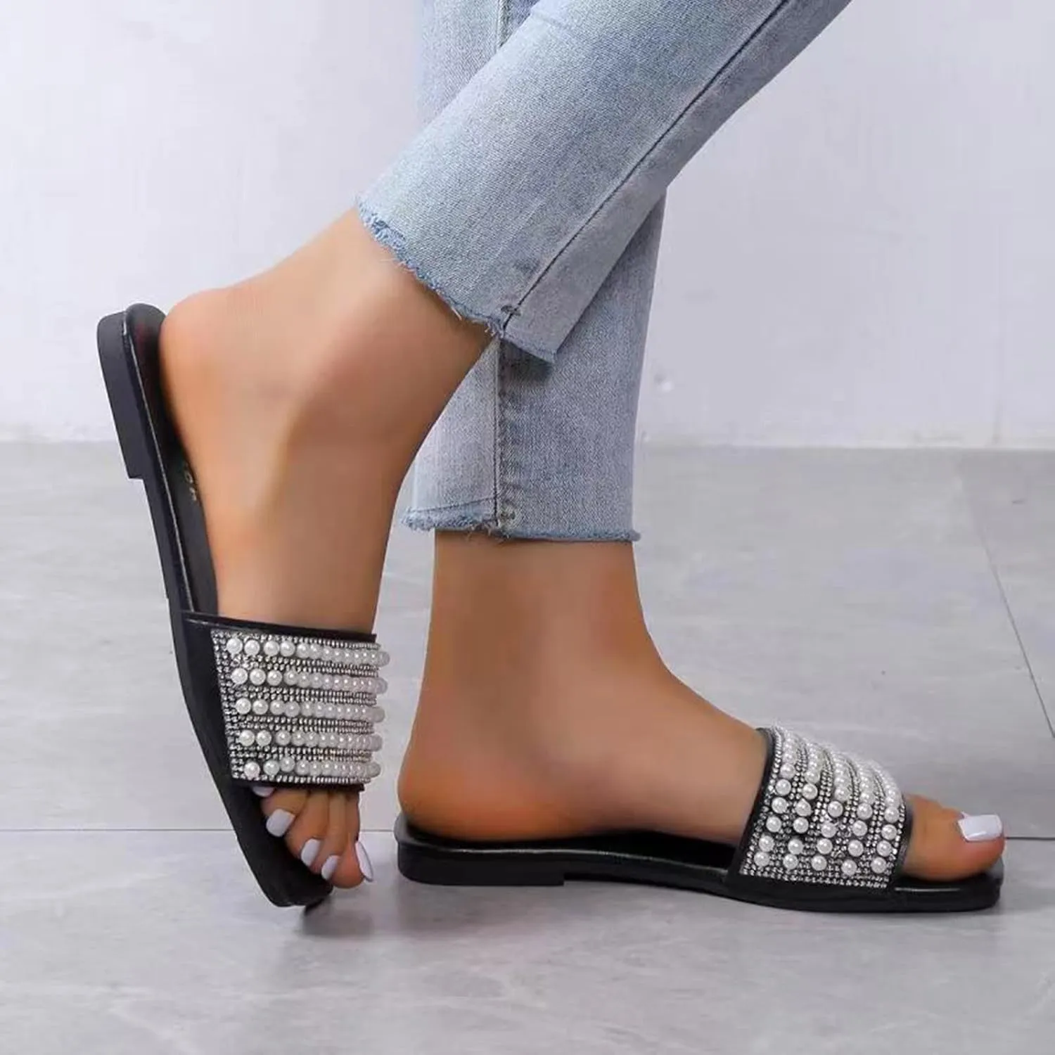 Comfortable Slip On Slide Sandals Fashion Spring Summer Women Slippers Flat Bottom Lightweight Pearl Solid Open Toe