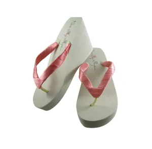 Coral and Ivory Satin flip flops in High Wedge, Bride & Bridesmaids, Mother or Prom Shoes