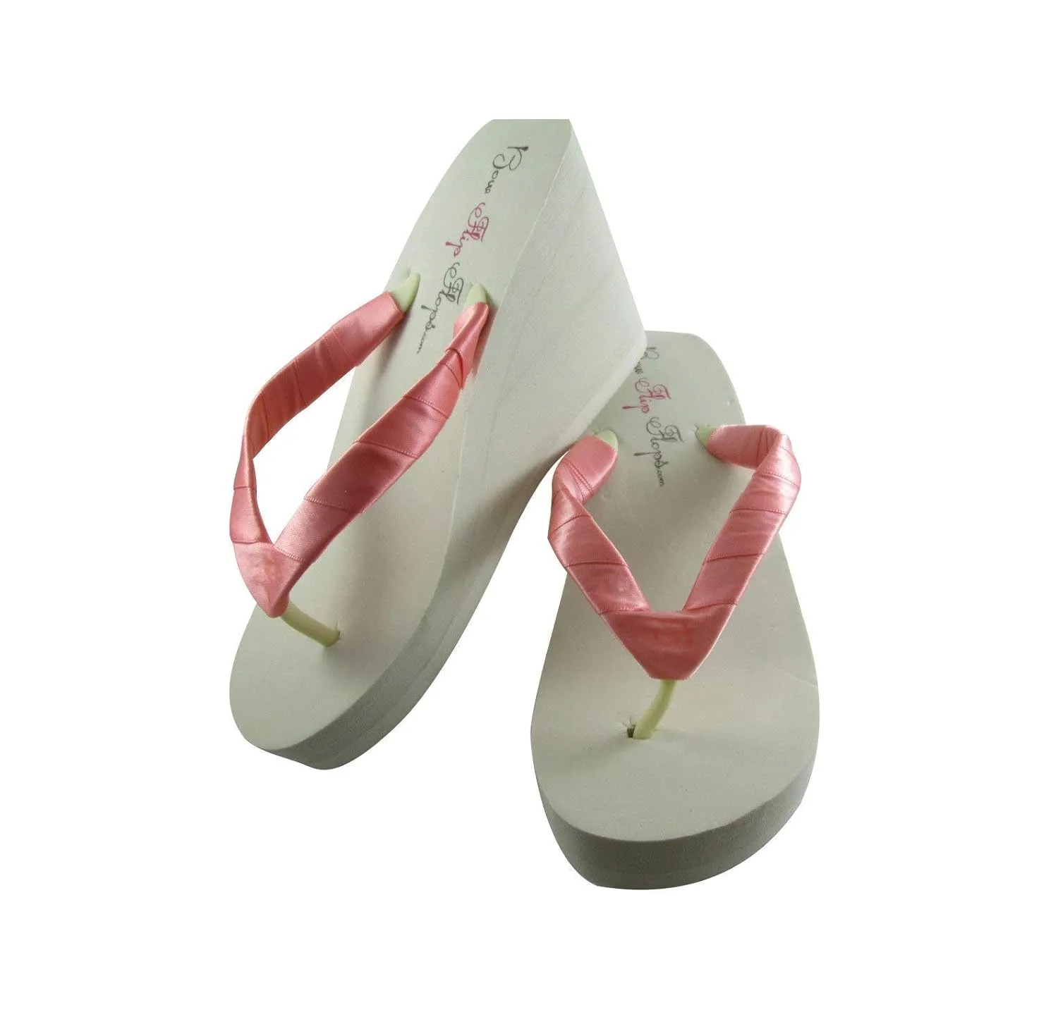 Coral and Ivory Satin flip flops in High Wedge, Bride & Bridesmaids, Mother or Prom Shoes