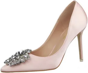 CosyFever Womens DC126 Wedding Rhinestones Metal Buckles Satin Low Stiletto Pumps