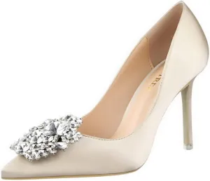 CosyFever Womens DC126 Wedding Rhinestones Metal Buckles Satin Low Stiletto Pumps
