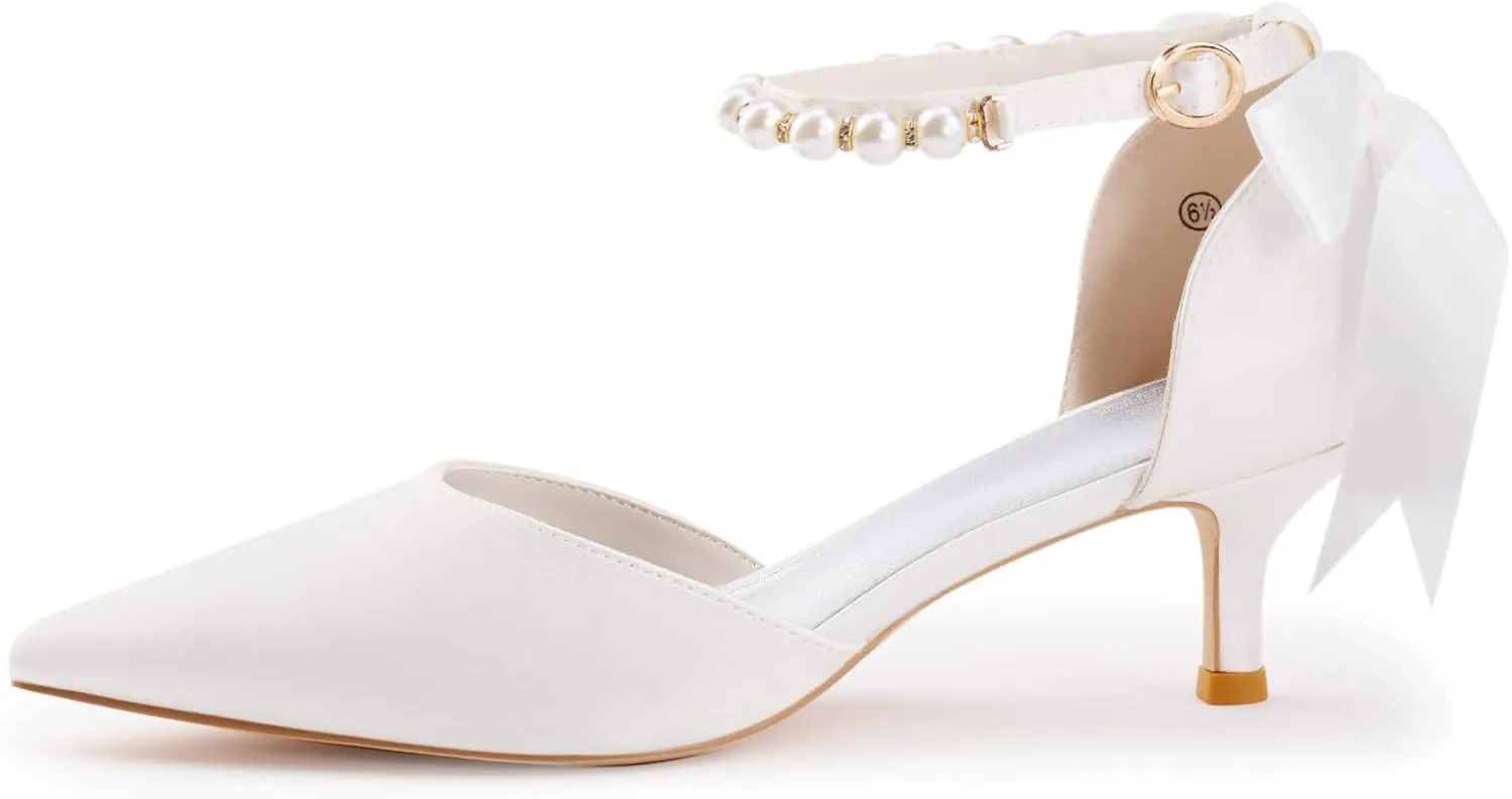 Coutgo Womens Pearl Ankle Strap Pumps Low Kitten Heel D'Orsay Satin Back Tieknot Heels Pointed Toe Wedding Party Dress Shoes