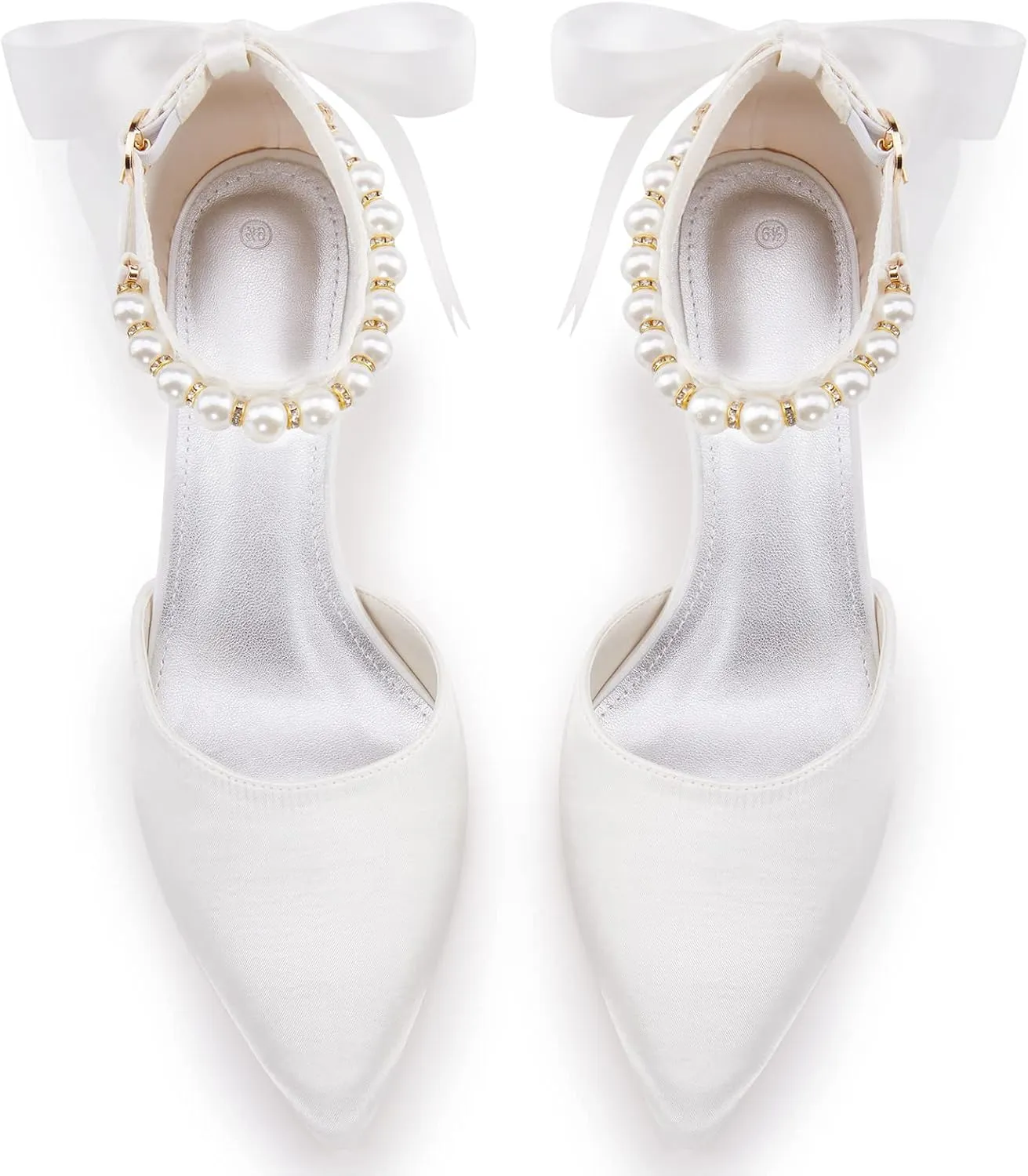 Coutgo Womens Pearl Ankle Strap Pumps Low Kitten Heel D'Orsay Satin Back Tieknot Heels Pointed Toe Wedding Party Dress Shoes