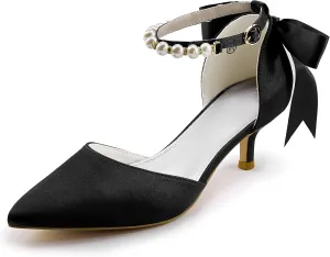 Coutgo Womens Pearl Ankle Strap Pumps Low Kitten Heel D'Orsay Satin Back Tieknot Heels Pointed Toe Wedding Party Dress Shoes