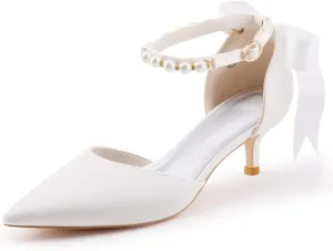 Coutgo Womens Pearl Ankle Strap Pumps Low Kitten Heel D'Orsay Satin Back Tieknot Heels Pointed Toe Wedding Party Dress Shoes