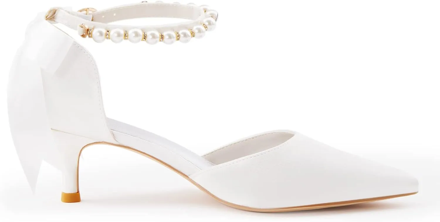Coutgo Womens Pearl Ankle Strap Pumps Low Kitten Heel D'Orsay Satin Back Tieknot Heels Pointed Toe Wedding Party Dress Shoes