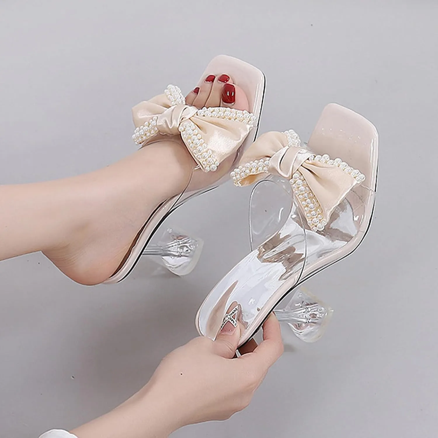 Crepuscute Women's Bow Square Toe High Heel Sandals Slip On Open Toe Chunky High Heels Party Clubbing Work Evening Sexy Heel Shoes