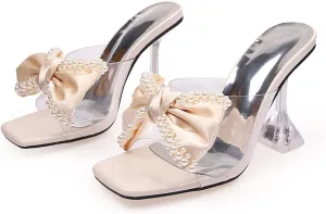 Crepuscute Women's Bow Square Toe High Heel Sandals Slip On Open Toe Chunky High Heels Party Clubbing Work Evening Sexy Heel Shoes
