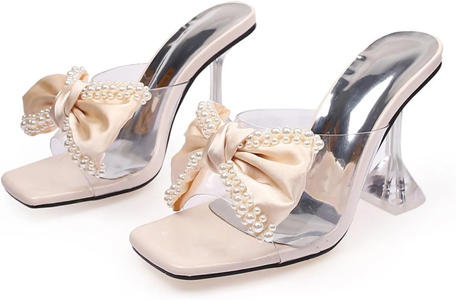 Crepuscute Women's Bow Square Toe High Heel Sandals Slip On Open Toe Chunky High Heels Party Clubbing Work Evening Sexy Heel Shoes