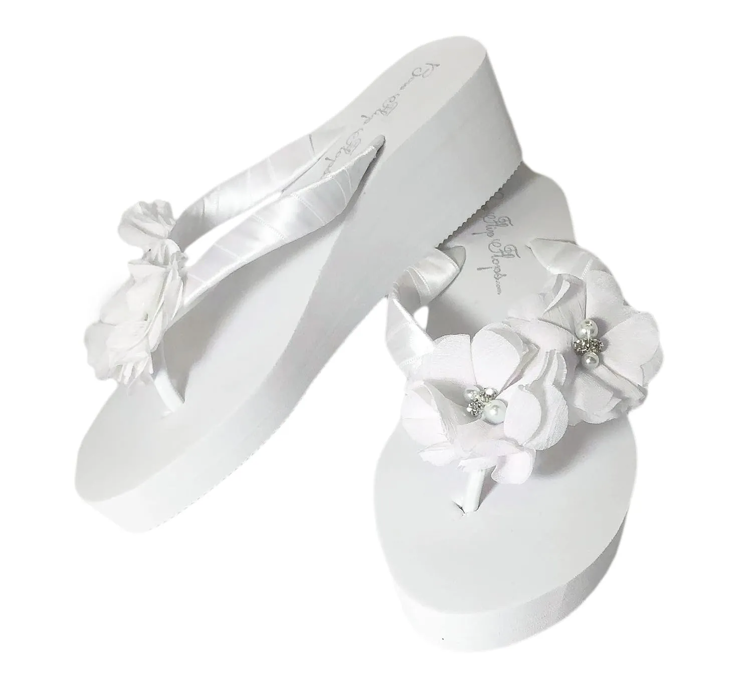 Customizable White Bridal Wedge Heel Flip Flops with Chiffon Pearl & Rhinestone Flowers, Choose Heel Height