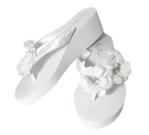 Customizable White Bridal Wedge Heel Flip Flops with Chiffon Pearl & Rhinestone Flowers, Choose Heel Height