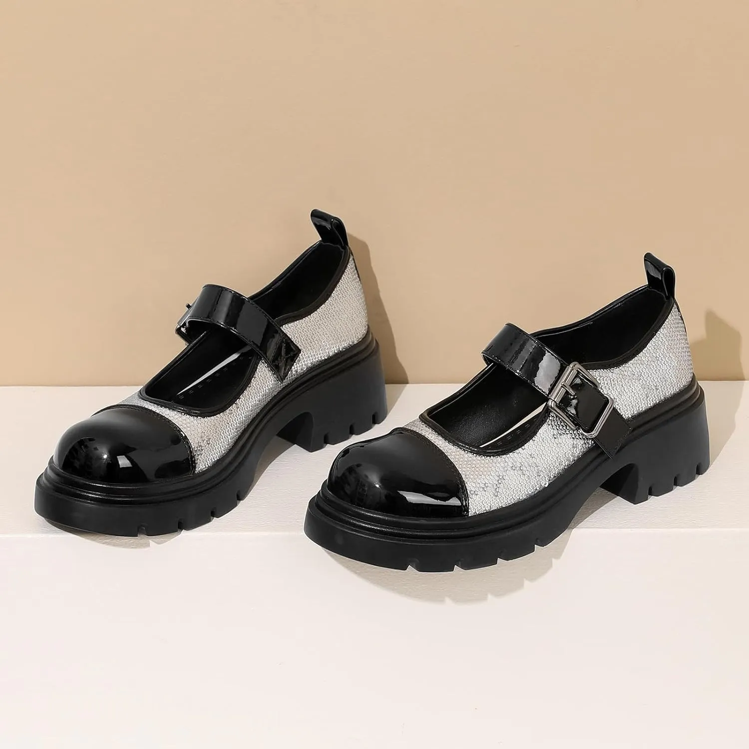 Cute Mary Jane Heels Women Sequin Cap Toe Low Heels School Shoes Chunky Mary Janes with Strap