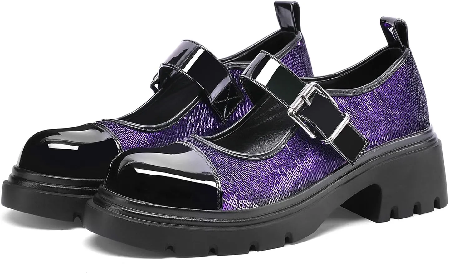 Cute Mary Jane Heels Women Sequin Cap Toe Low Heels School Shoes Chunky Mary Janes with Strap