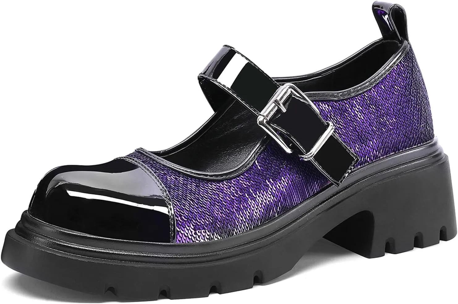 Cute Mary Jane Heels Women Sequin Cap Toe Low Heels School Shoes Chunky Mary Janes with Strap