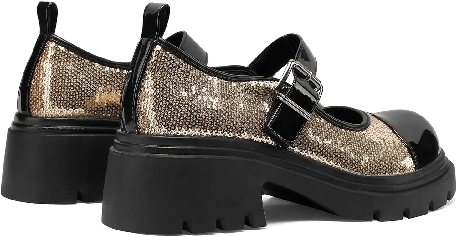Cute Mary Jane Heels Women Sequin Cap Toe Low Heels School Shoes Chunky Mary Janes with Strap