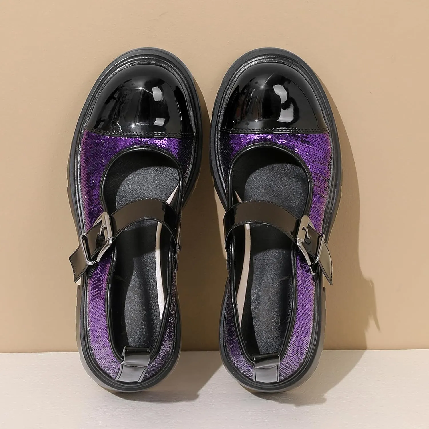 Cute Mary Jane Heels Women Sequin Cap Toe Low Heels School Shoes Chunky Mary Janes with Strap