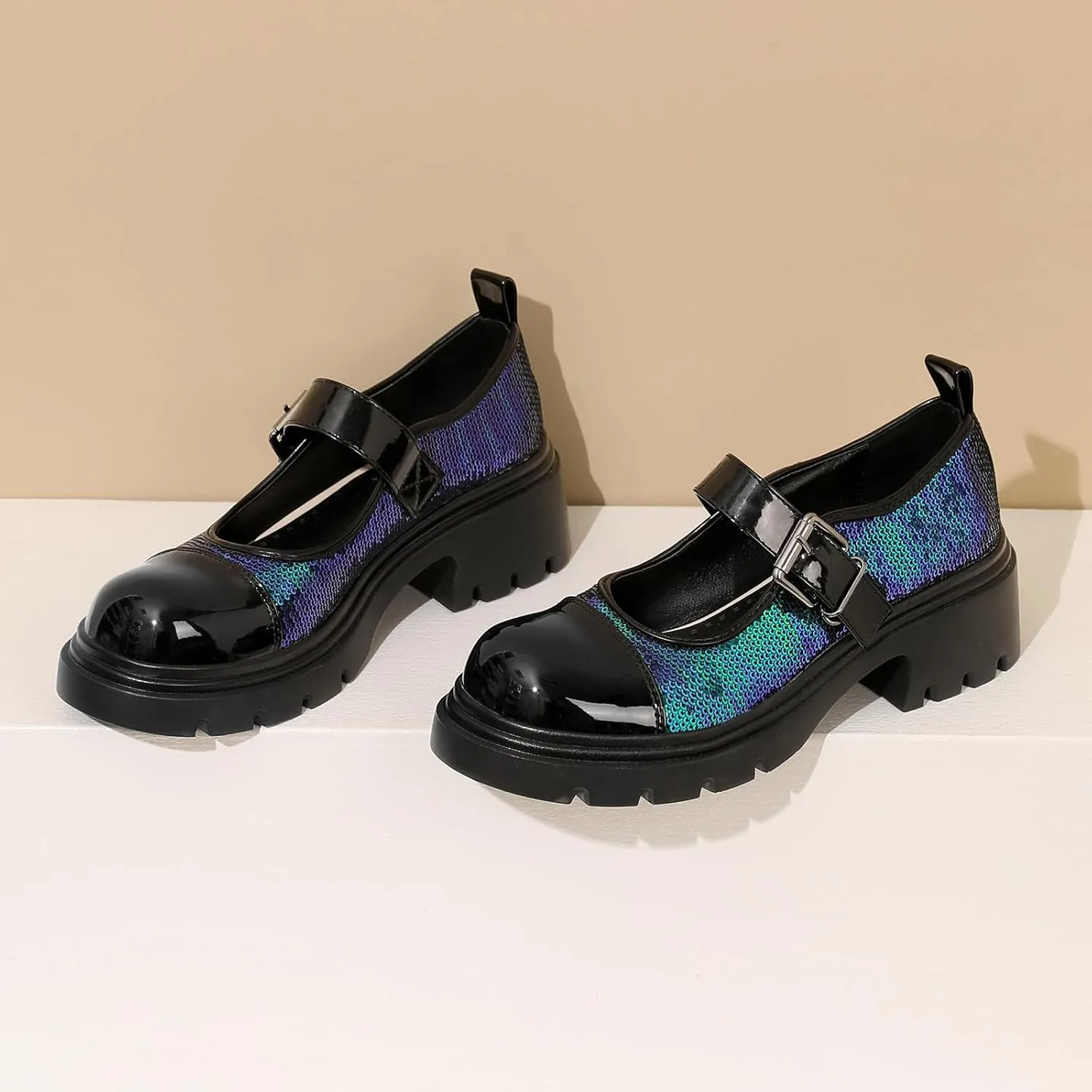 Cute Mary Jane Heels Women Sequin Cap Toe Low Heels School Shoes Chunky Mary Janes with Strap