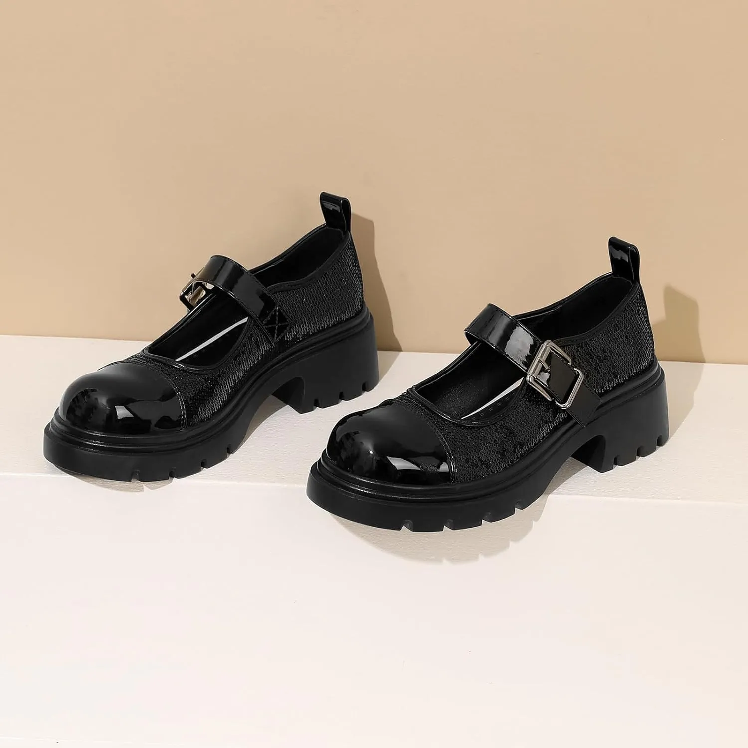 Cute Mary Jane Heels Women Sequin Cap Toe Low Heels School Shoes Chunky Mary Janes with Strap