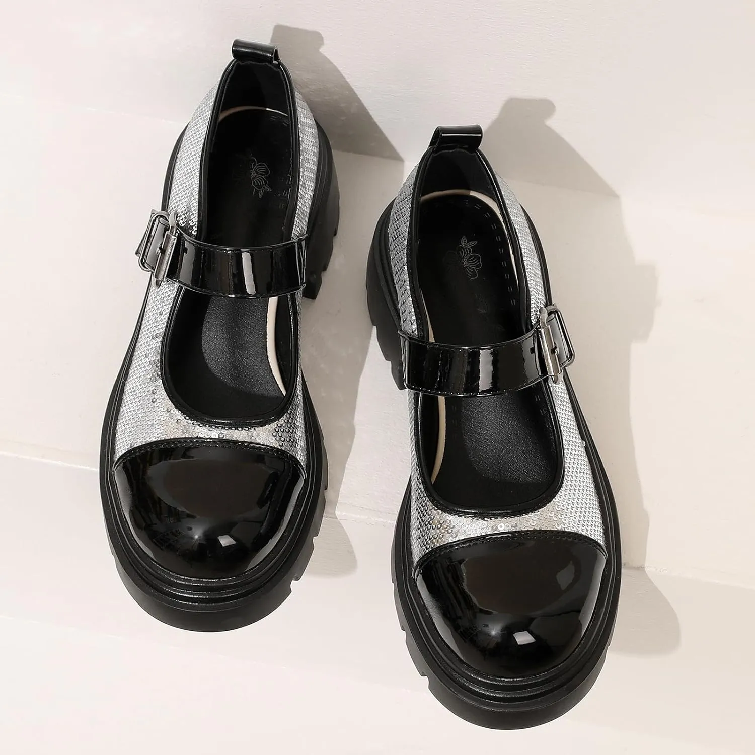 Cute Mary Jane Heels Women Sequin Cap Toe Low Heels School Shoes Chunky Mary Janes with Strap