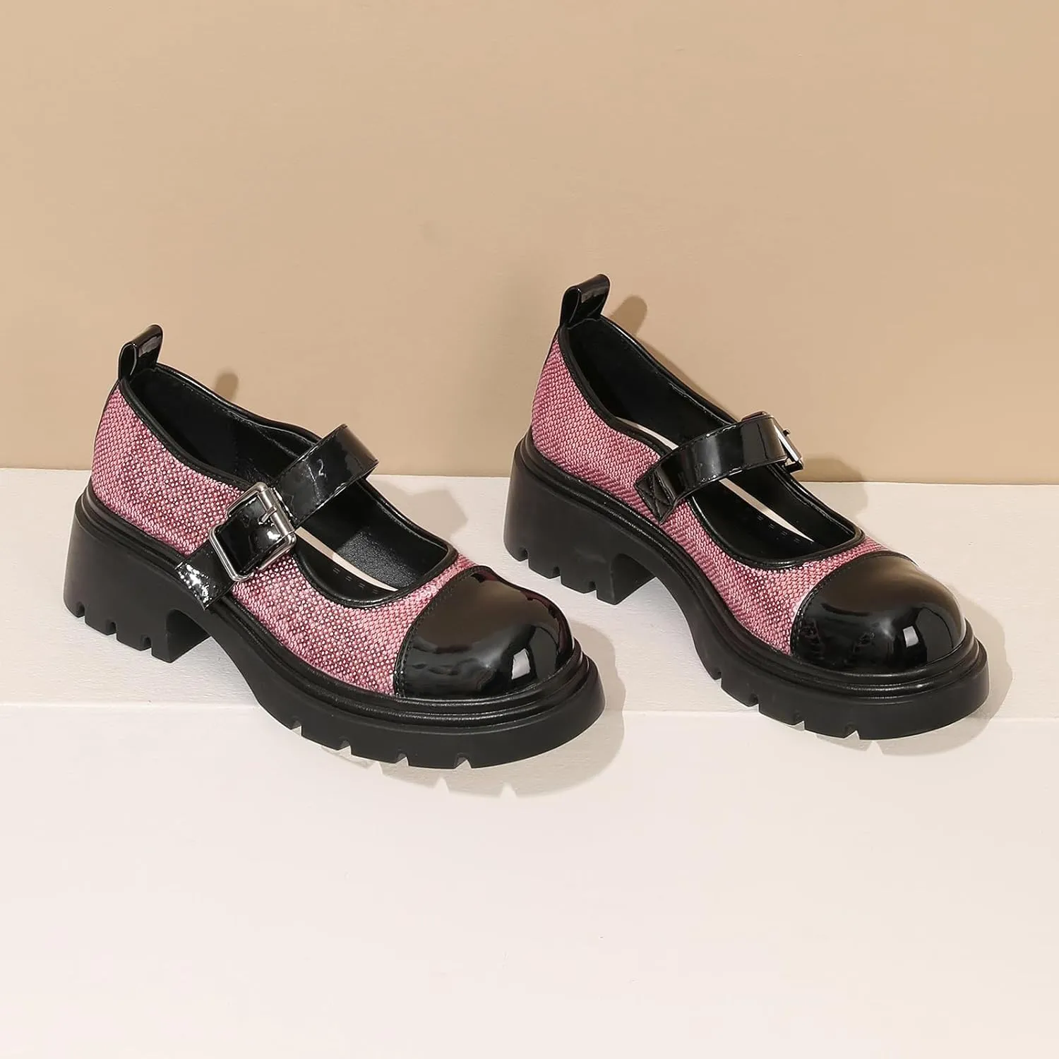 Cute Mary Jane Heels Women Sequin Cap Toe Low Heels School Shoes Chunky Mary Janes with Strap