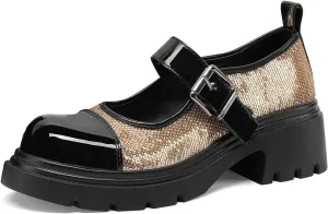 Cute Mary Jane Heels Women Sequin Cap Toe Low Heels School Shoes Chunky Mary Janes with Strap