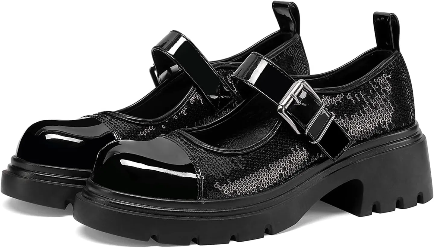 Cute Mary Jane Heels Women Sequin Cap Toe Low Heels School Shoes Chunky Mary Janes with Strap