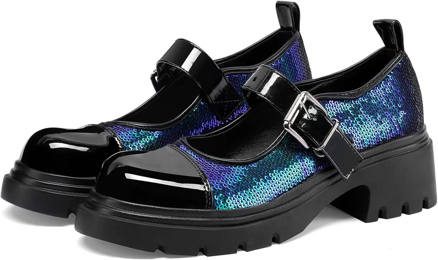 Cute Mary Jane Heels Women Sequin Cap Toe Low Heels School Shoes Chunky Mary Janes with Strap