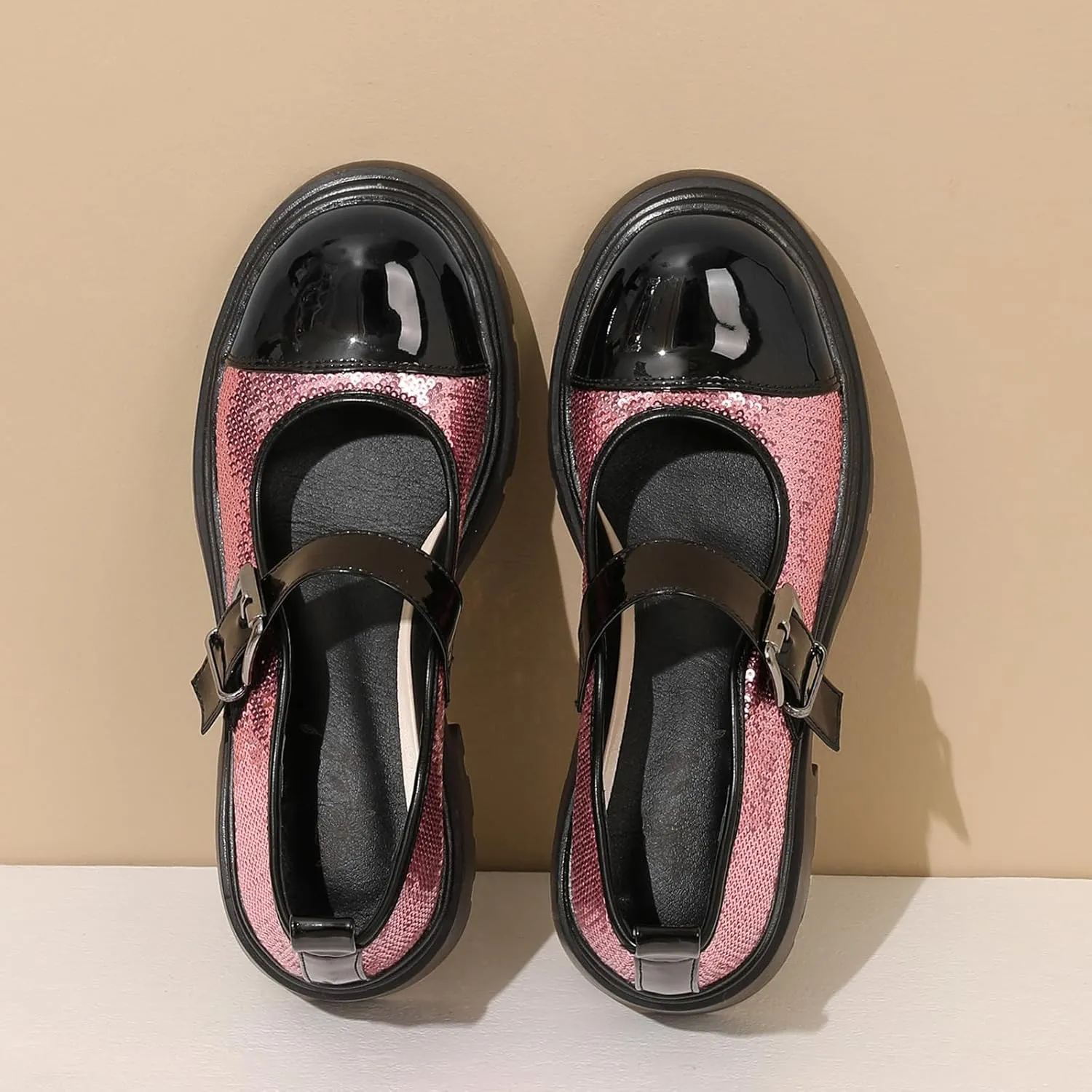 Cute Mary Jane Heels Women Sequin Cap Toe Low Heels School Shoes Chunky Mary Janes with Strap