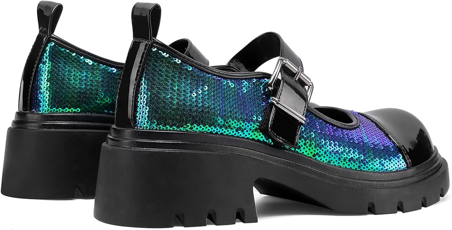 Cute Mary Jane Heels Women Sequin Cap Toe Low Heels School Shoes Chunky Mary Janes with Strap