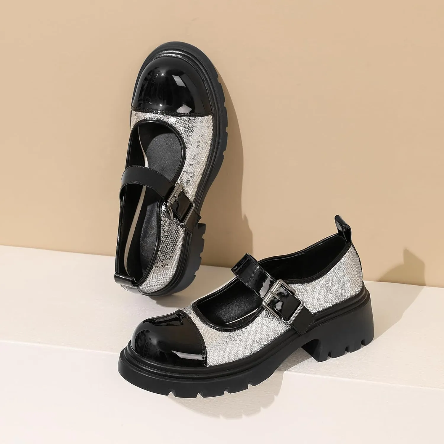 Cute Mary Jane Heels Women Sequin Cap Toe Low Heels School Shoes Chunky Mary Janes with Strap