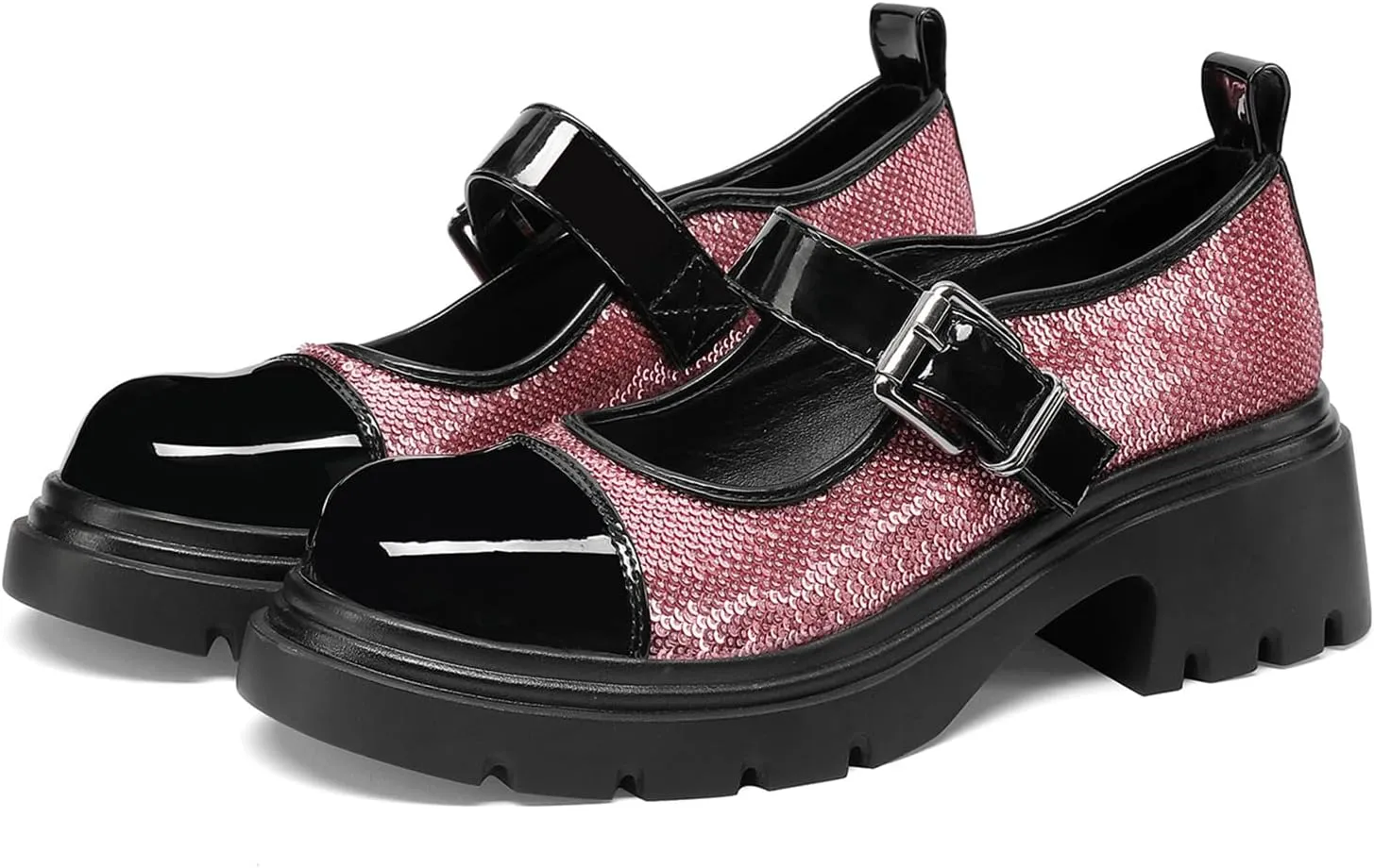 Cute Mary Jane Heels Women Sequin Cap Toe Low Heels School Shoes Chunky Mary Janes with Strap