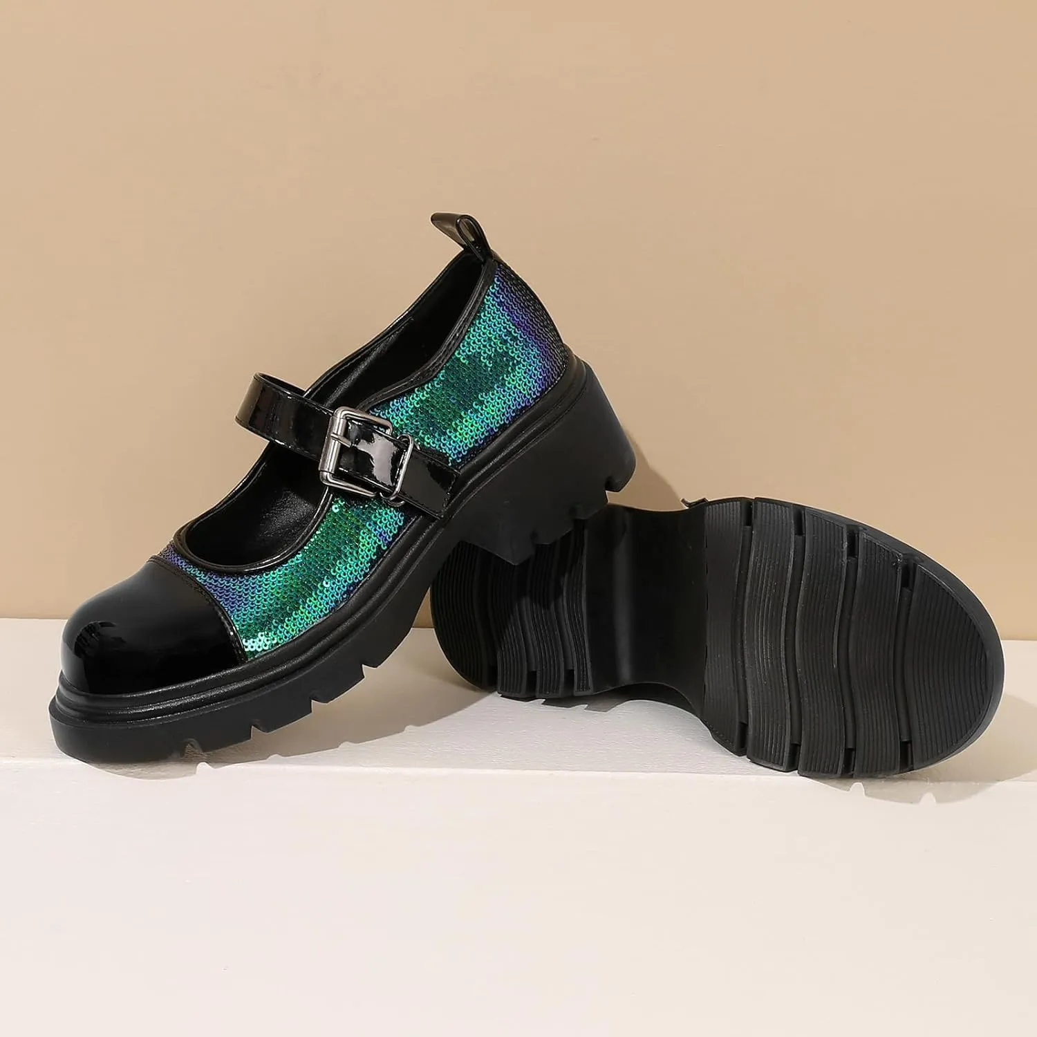 Cute Mary Jane Heels Women Sequin Cap Toe Low Heels School Shoes Chunky Mary Janes with Strap