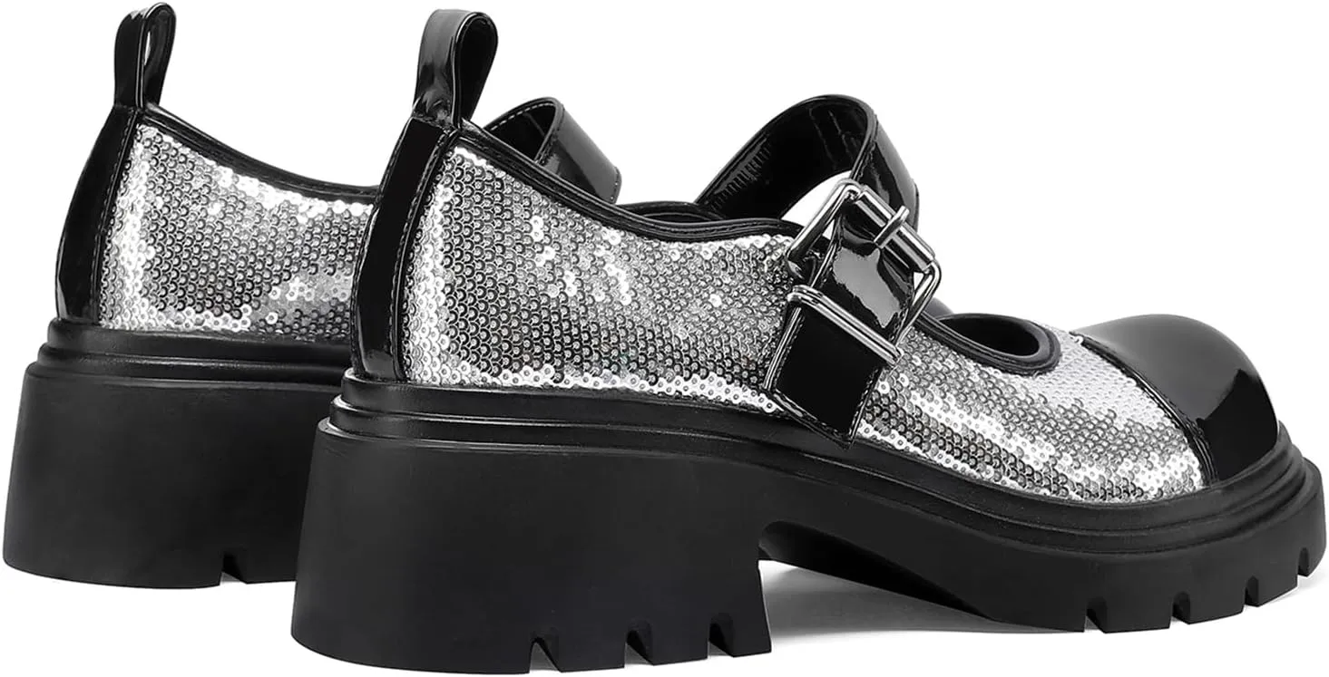 Cute Mary Jane Heels Women Sequin Cap Toe Low Heels School Shoes Chunky Mary Janes with Strap
