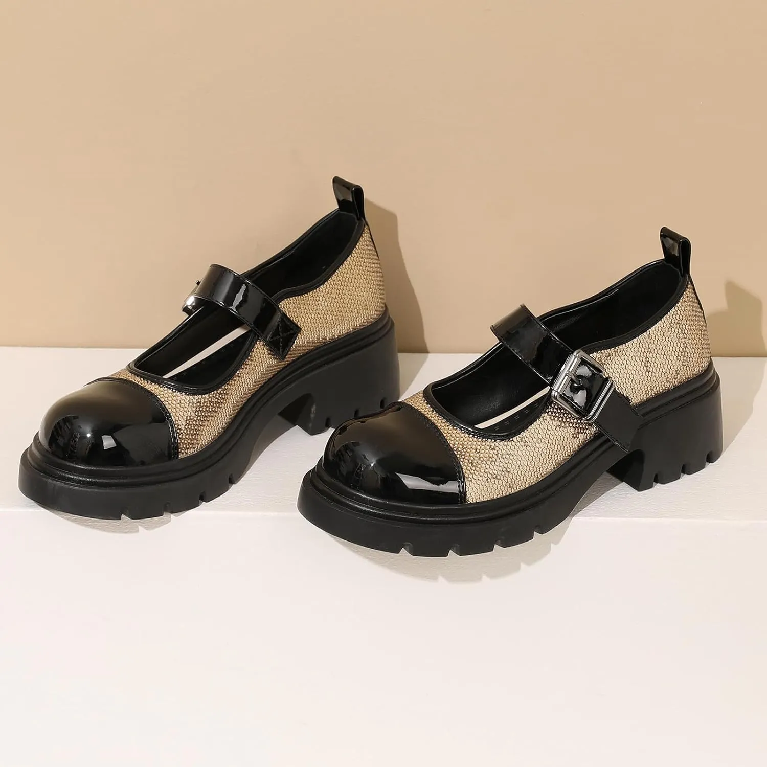 Cute Mary Jane Heels Women Sequin Cap Toe Low Heels School Shoes Chunky Mary Janes with Strap