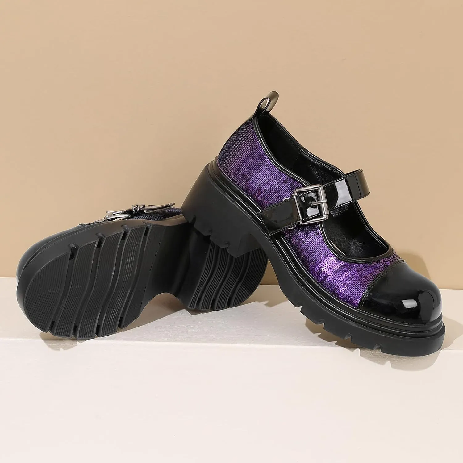 Cute Mary Jane Heels Women Sequin Cap Toe Low Heels School Shoes Chunky Mary Janes with Strap
