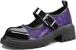 Cute Mary Jane Heels Women Sequin Cap Toe Low Heels School Shoes Chunky Mary Janes with Strap