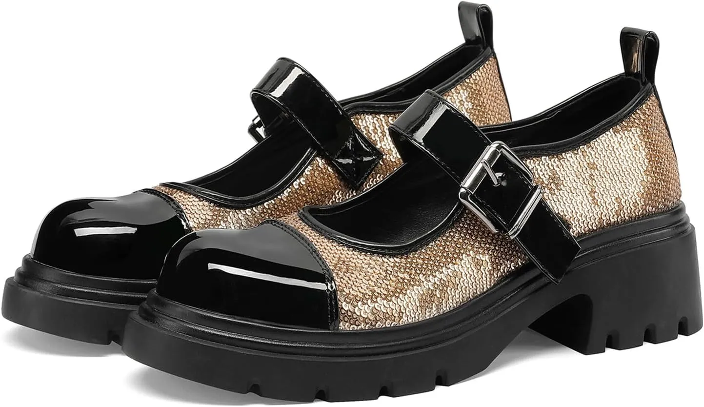 Cute Mary Jane Heels Women Sequin Cap Toe Low Heels School Shoes Chunky Mary Janes with Strap