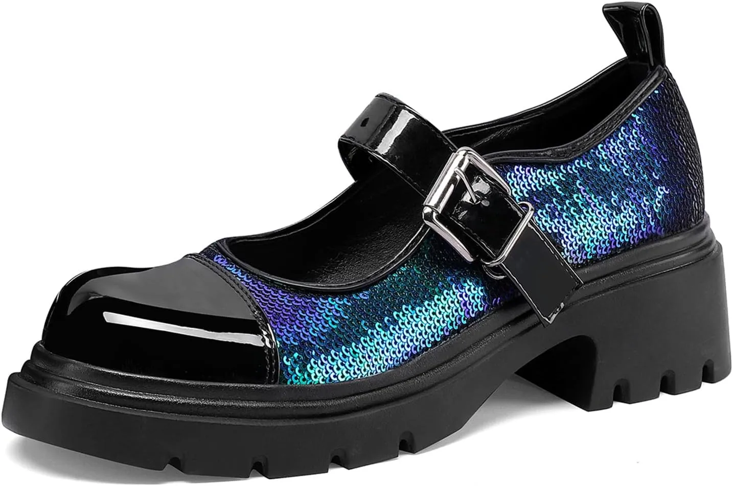 Cute Mary Jane Heels Women Sequin Cap Toe Low Heels School Shoes Chunky Mary Janes with Strap